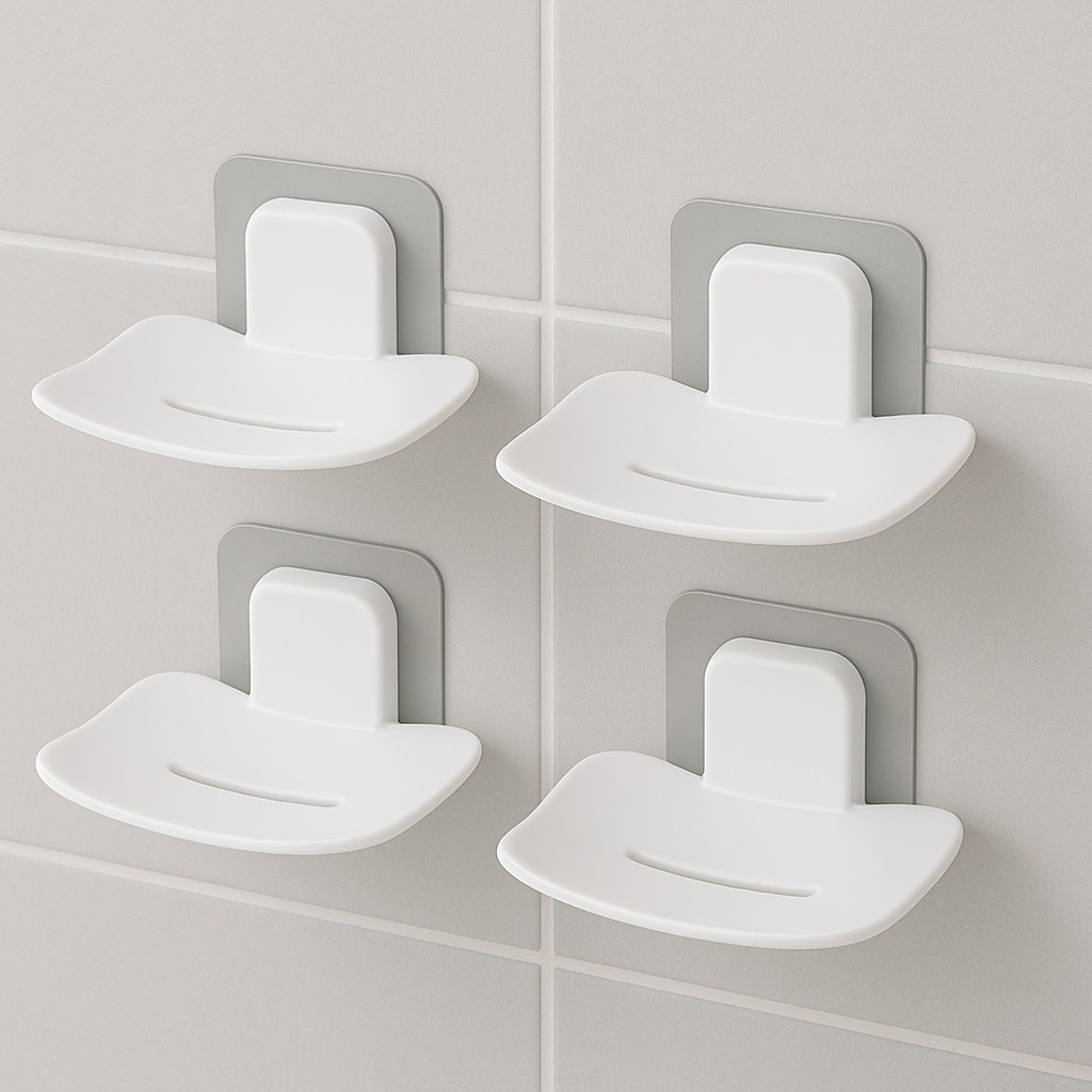 Self Adhesive Bathroom Soap Stand for Kitchen/Soap Holder Wall/Soap Case-Set 4 (White)