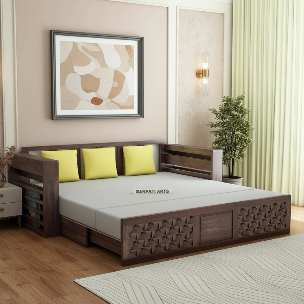 Raj Sheesham Wood Sofa Bed For Home with Mini Storage and Side Pockets | 3 Seater Double Solid Wood Pull Out Sofa Cum Bed (Finish Color - Walnut - Raj Delivery Condition - DIY(Do-It-Yourself))