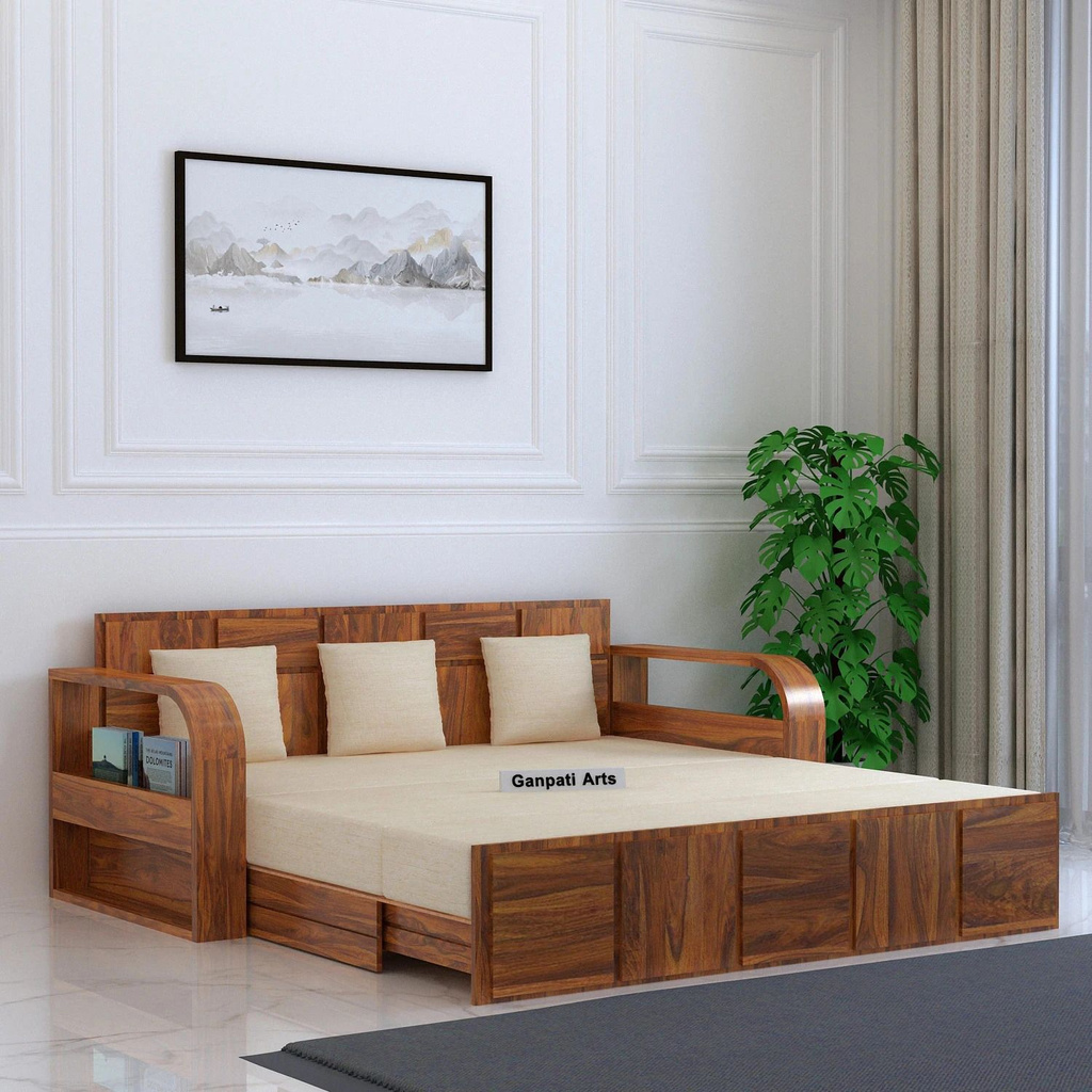 Scott Sheesham Wood Sofa Bed For Home with Mini Storage and Side Pockets | 3 Seater Double Solid Wood Pull Out Sofa Cum Bed (Finish Color - Scott Natural Finish Delivery Condition - DIY(Do-It-Yourself))