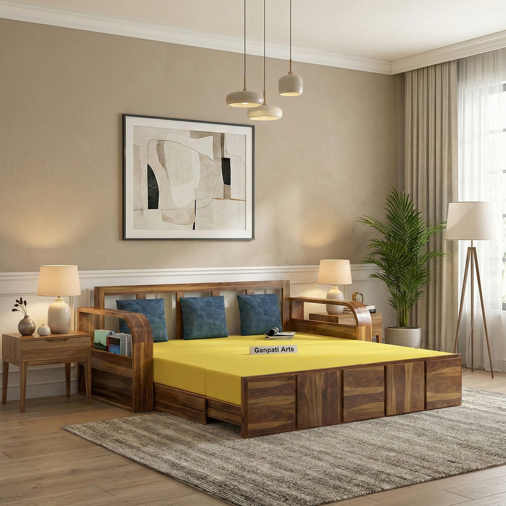 Scott Sheesham Wood Sofa Bed For Home with Mini Storage and Side Pockets | 3 Seater Double Solid Wood Pull Out Sofa Cum Bed (Finish Color - Scott Teak Finish Delivery Condition - DIY(Do-It-Yourself))
