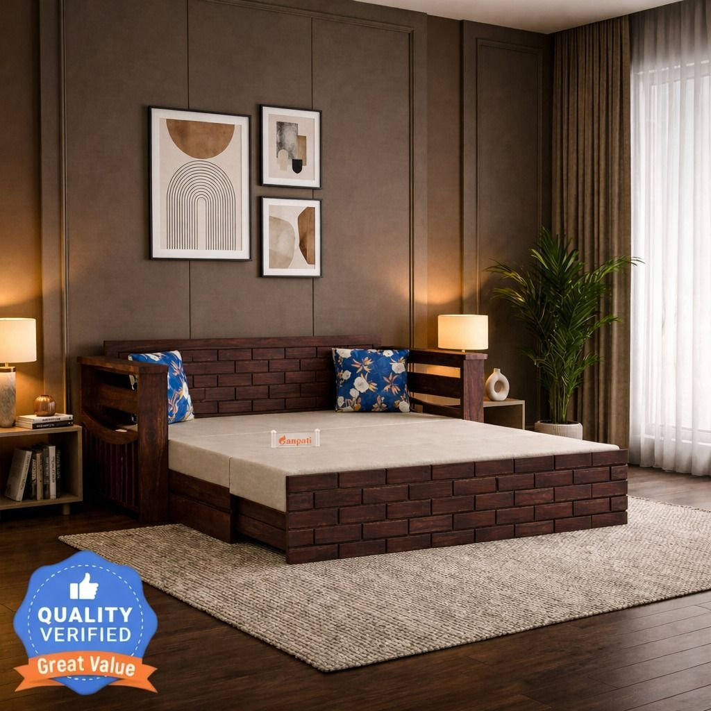 Italian Sheesham Wood Sofa Bed For Home with Mini Storage and Side Pockets | 3 Seater Double Solid Wood Pull Out Sofa Cum Bed (Finish Color - Walnut_Italian_F Delivery Condition - DIY(Do-It-Yourself))