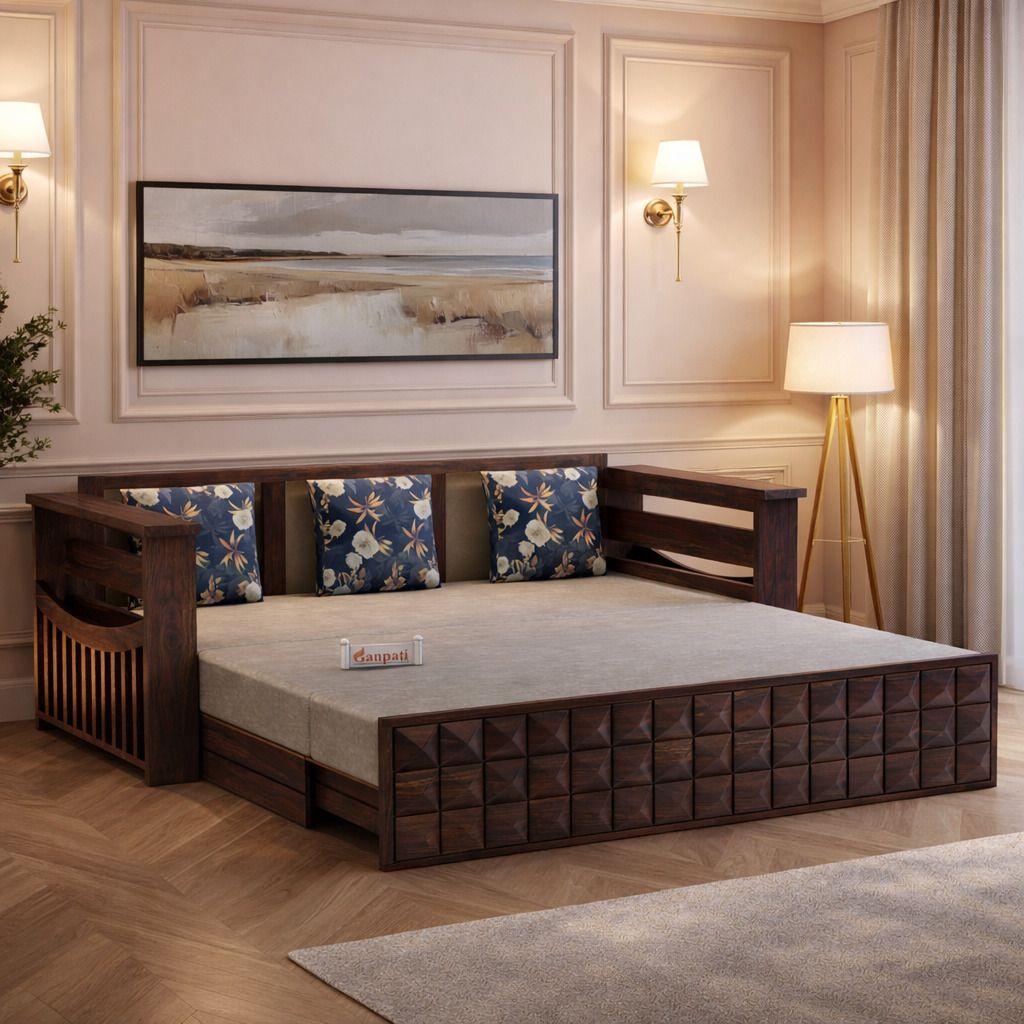 Oslo Sheesham Wood Sofa Bed For Home with Mini Storage and Side Pockets | 3 Seater Double Solid Wood Pull Out Sofa Cum Bed (Finish Color - Brown Delivery Condition - DIY(Do-It-Yourself))