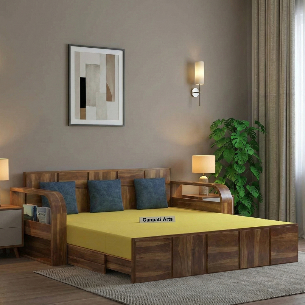 Scott Sheesham Wood Sofa Bed For Home with Mini Storage and Side Pockets | 3 Seater Double Solid Wood Pull Out Sofa Cum Bed (Finish Color - Scott-1 Teak Finish Delivery Condition - DIY(Do-It-Yourself))