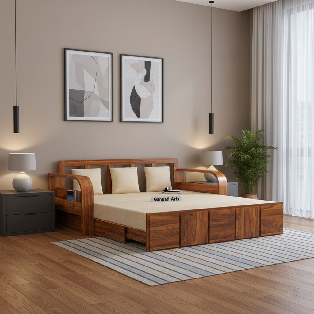 Scott Sheesham Wood Sofa Bed For Home with Mini Storage and Side Pockets | 3 Seater Double Solid Wood Pull Out Sofa Cum Bed (Finish Color - Scott-2 Natural Delivery Condition - DIY(Do-It-Yourself))