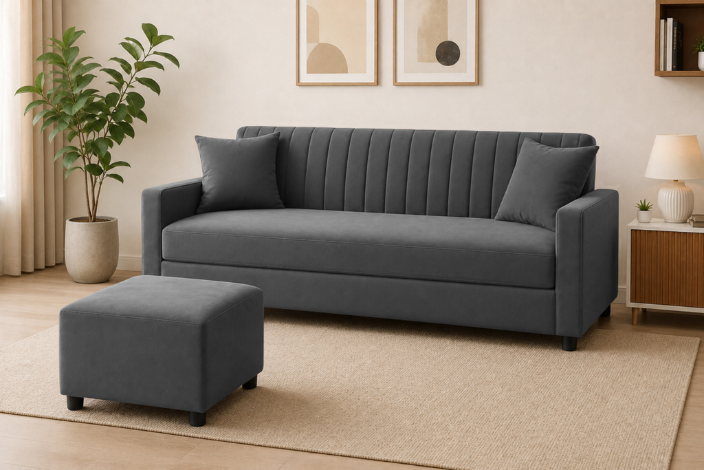 Dr Smith Modern 3 Seater Velvet Fabric Sofa with Ottoman Fabric 3 Seater  Sofa