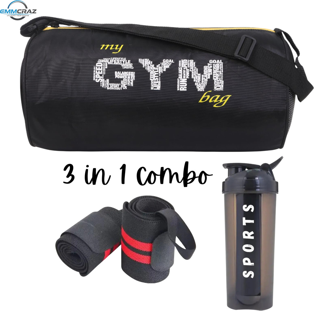 Combo Wrist Band With Gym Bag & 700ML Gym Shaker PACKOF3) (Black, Kit Bag) (Black, Kit Bag)