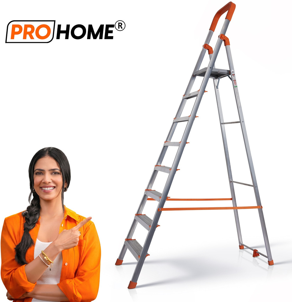 ProHome 8 step Folding Ladder for Household use Kitchen Boss, Metal Frame Anti Skid Step Aluminium Ladder