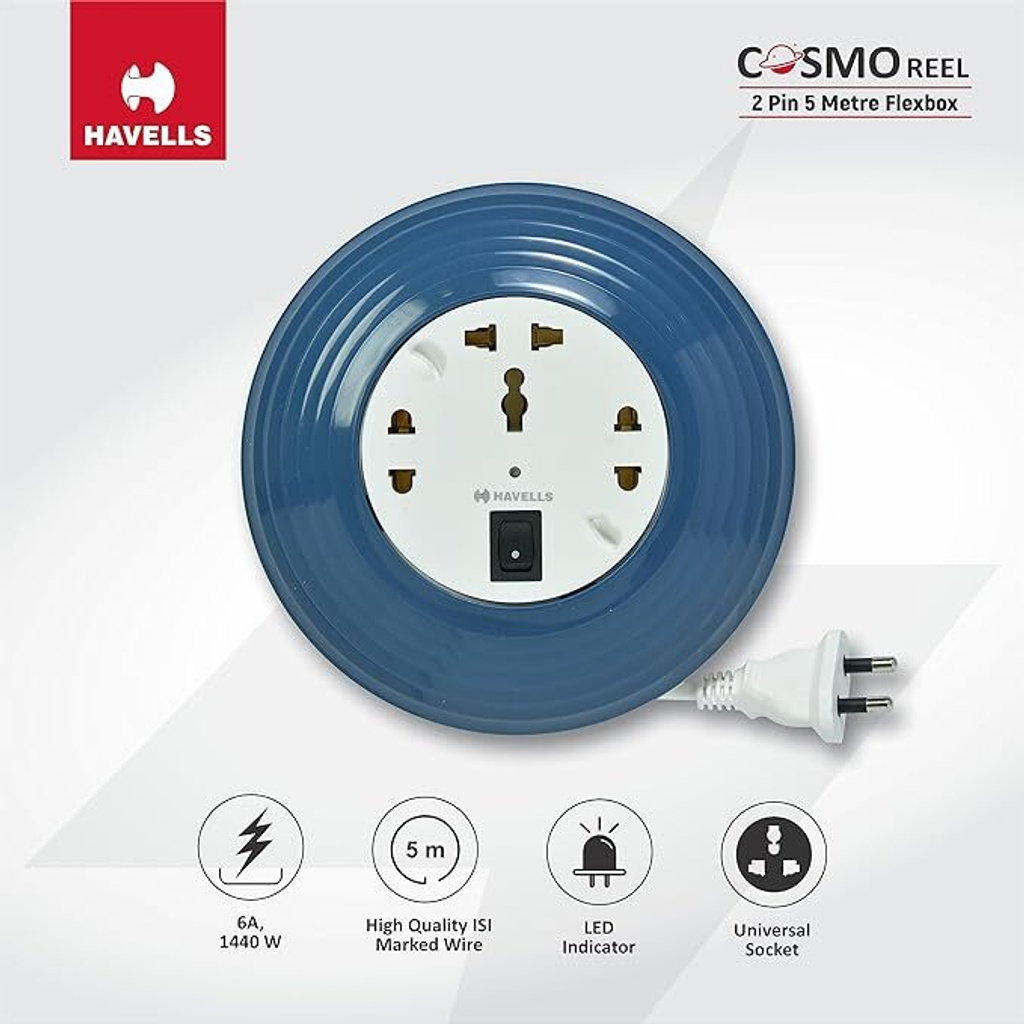 HAVELLS Cosmo Reel 2 Pin 5 Metre Flexbox 3  Socket Extension Boards