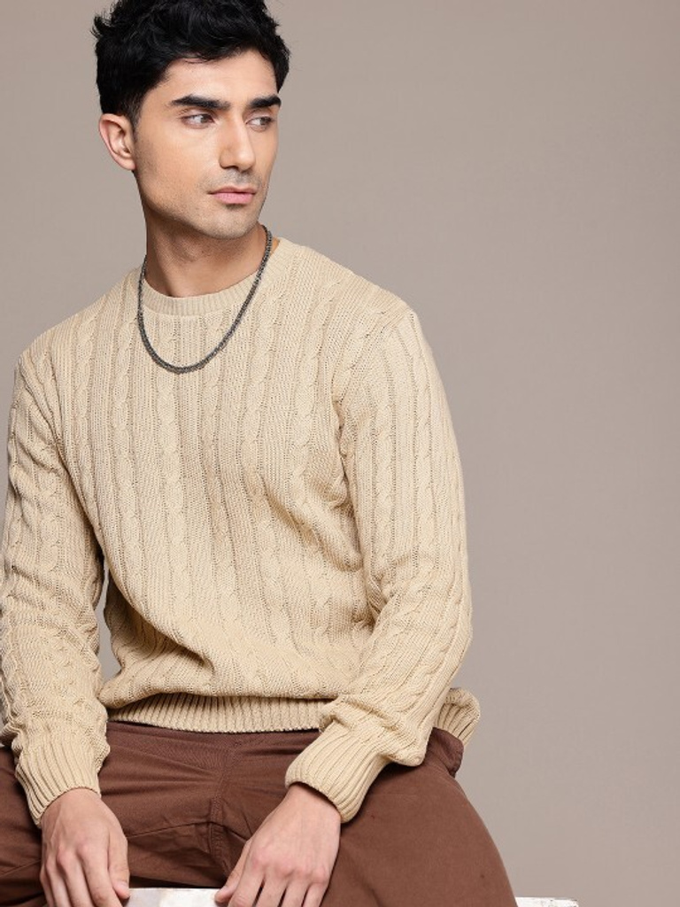 roadster self design crew neck casual men beige sweater