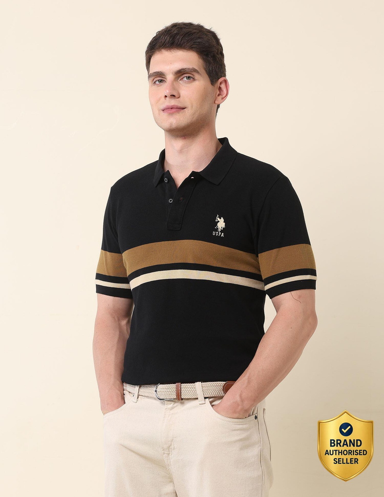 U.S. POLO ASSN. Striped Men Polo Neck Black T-Shirt