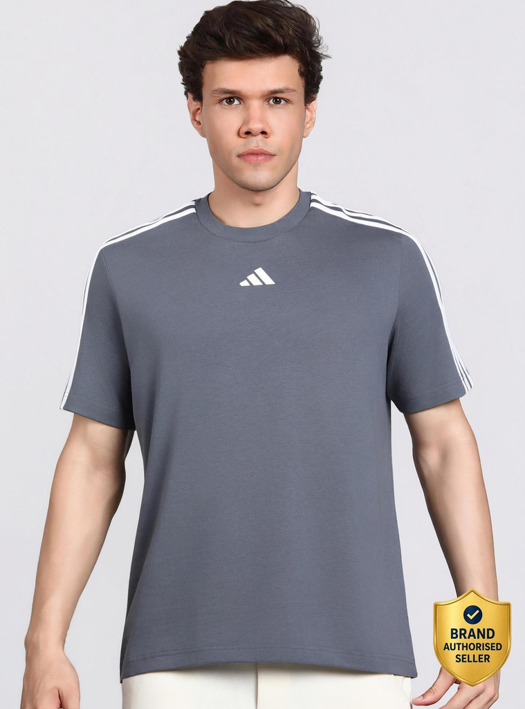 ADIDAS Striped Men Round Neck Grey T-Shirt