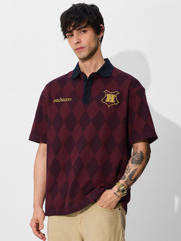 The Souled Store Embroidered Men Polo Neck Maroon T-Shirt
