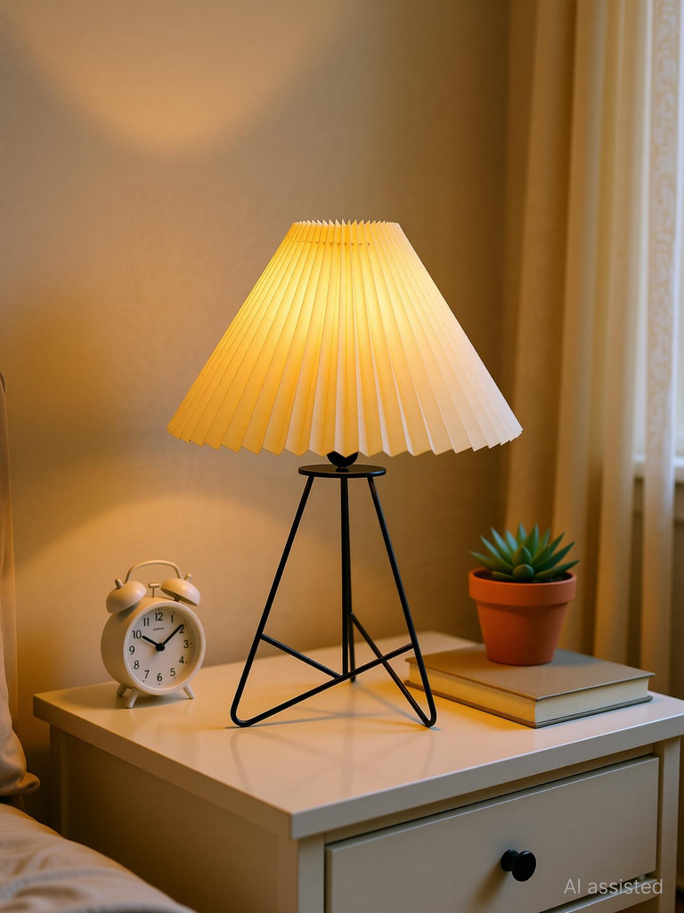 Glowhere Retro Wire Base Table Lamp, Pleated Off-White Shade for Bedroom & Living Room Table Lamp