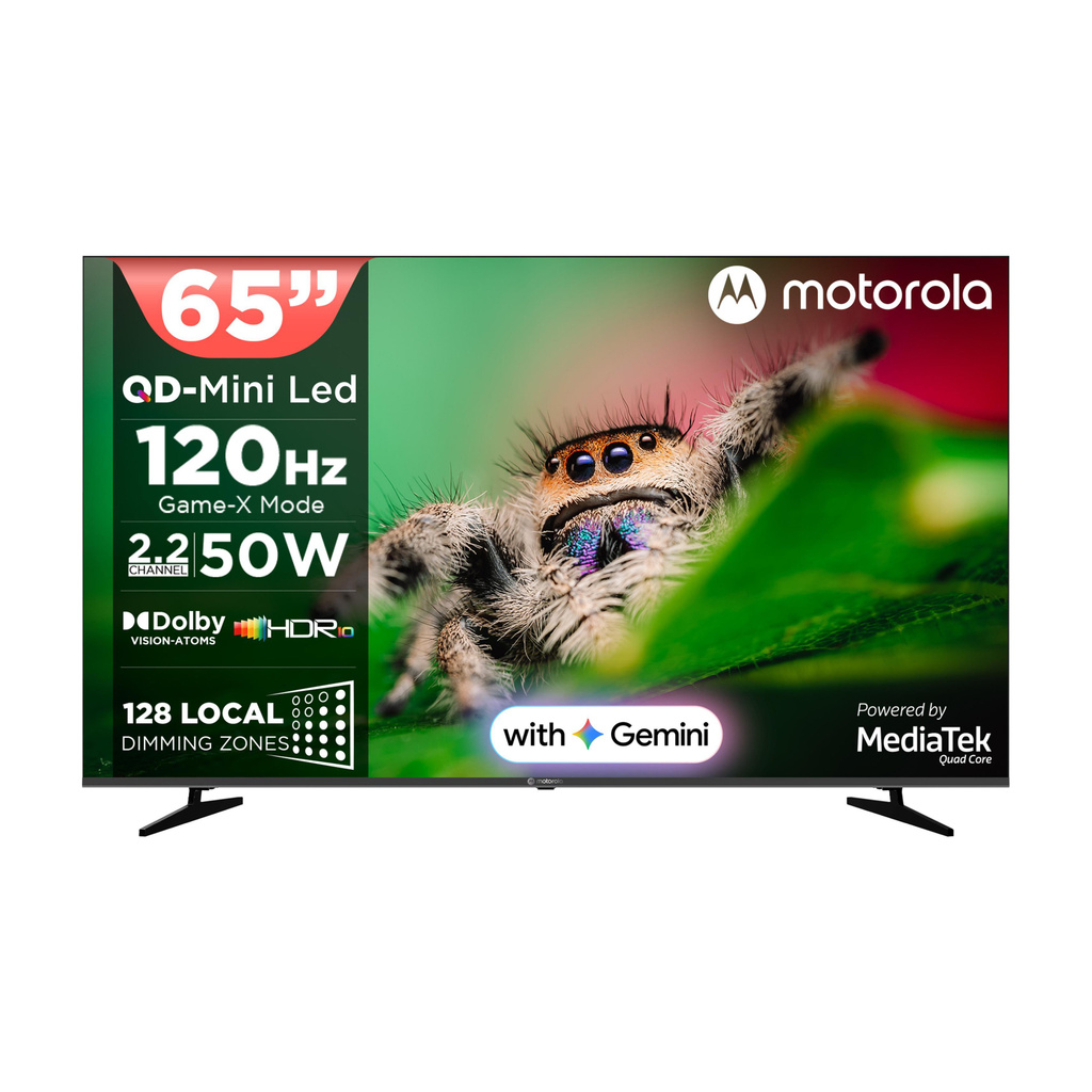 MOTOROLA 165 cm (65 inch) Ultra HD (4K) Mini LED Smart Google TV 2026 Edition with QD Mini LED, 128 Local Dimming Zones / LEDs, 2.2 Channel Audio System AIPQ , Mediatek Processor, 120Hz refresh rate, Dolby Vision-Atmos, HDR10