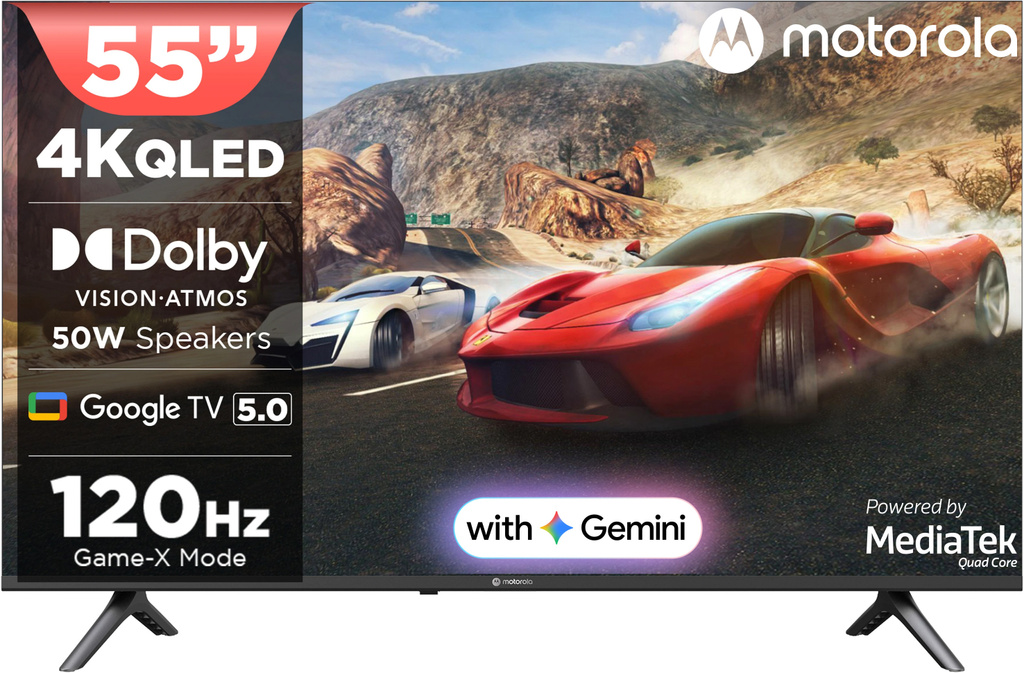motorola 139 7 cm 55 inch qled ultra hd 4k smart google tv 2025 5 0 os 50 w speaker 120hz game accelerator dolby atmos