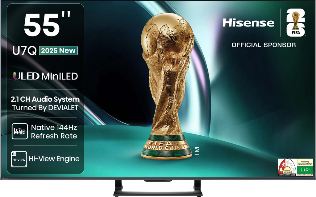 Hisense 55U7Q 138.5 cm (55 inch) Ultra HD (4K) Mini LED Smart VIDAA TV with 2.1CH Audio System Tuned by DEVALET, Native 144 Refresh Rate, Dolby Vision Atmos