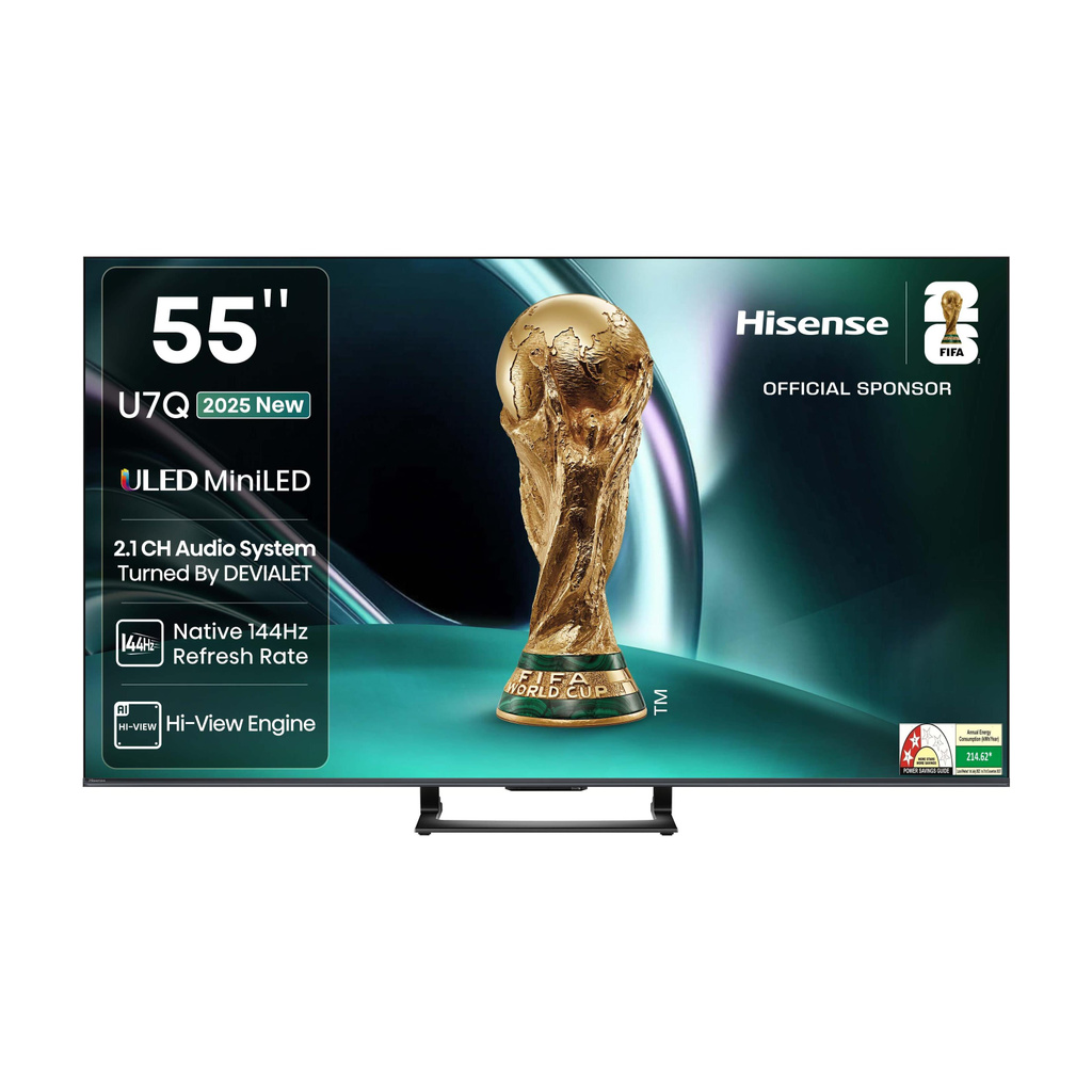 Hisense 55U7Q 138.5 cm (55 inch) Ultra HD (4K) Mini LED Smart VIDAA TV with 2.1CH Audio System Tuned by DEVALET, Native 144 Refresh Rate, Dolby Vision Atmos
