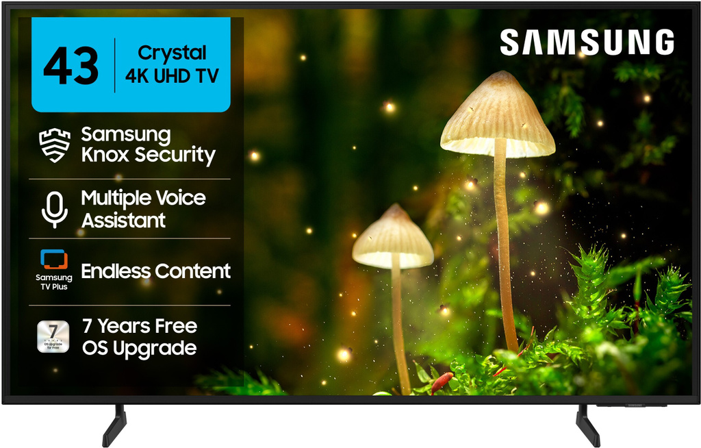 samsung crystal 4k infinity vision 108 cm 43 inch ultra hd 4k led smart tizen tv upscaling hdr 10 voice assistance remote control purcolor slim look knox security 100 free channels universal gestures