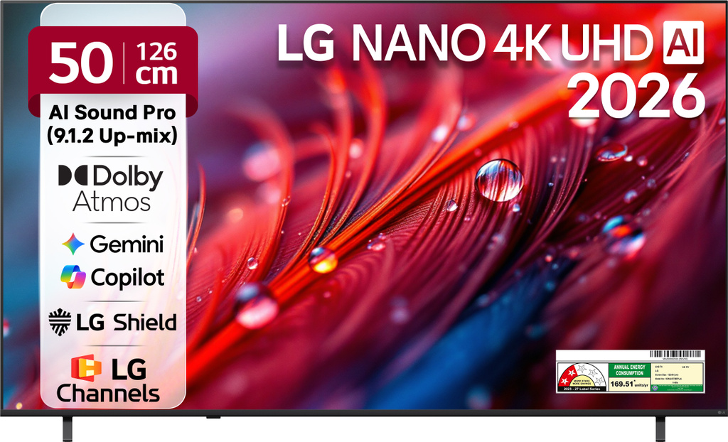 LG 126 cm (50 inch) Ultra HD (4K) LED Smart WebOS TV 2026 Edition with NANO Detail Enhancer, HDR10 Pro, 4K Super Upscaling Alpha7 AI Processor 4K Gen9, Dolby Atmos, AI Sound Pro (9.1.2 ch), Multi AI (Google Gemini & MS Copilot), Linear Flow Design, 60Hz VRR, 5 Years OS upgrade, Secured by LG Shield, LG Channels