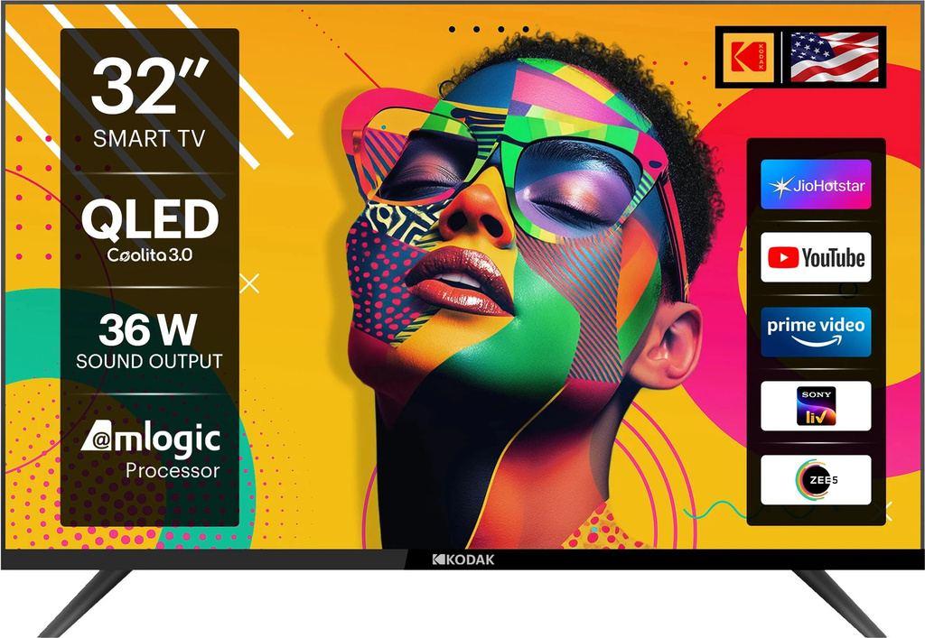 kodak qled se 80 cm 32 inch hd ready smart linux tv 36 w surround sound 2 speakers 400 nits brightness web browser sports mode bezel less design