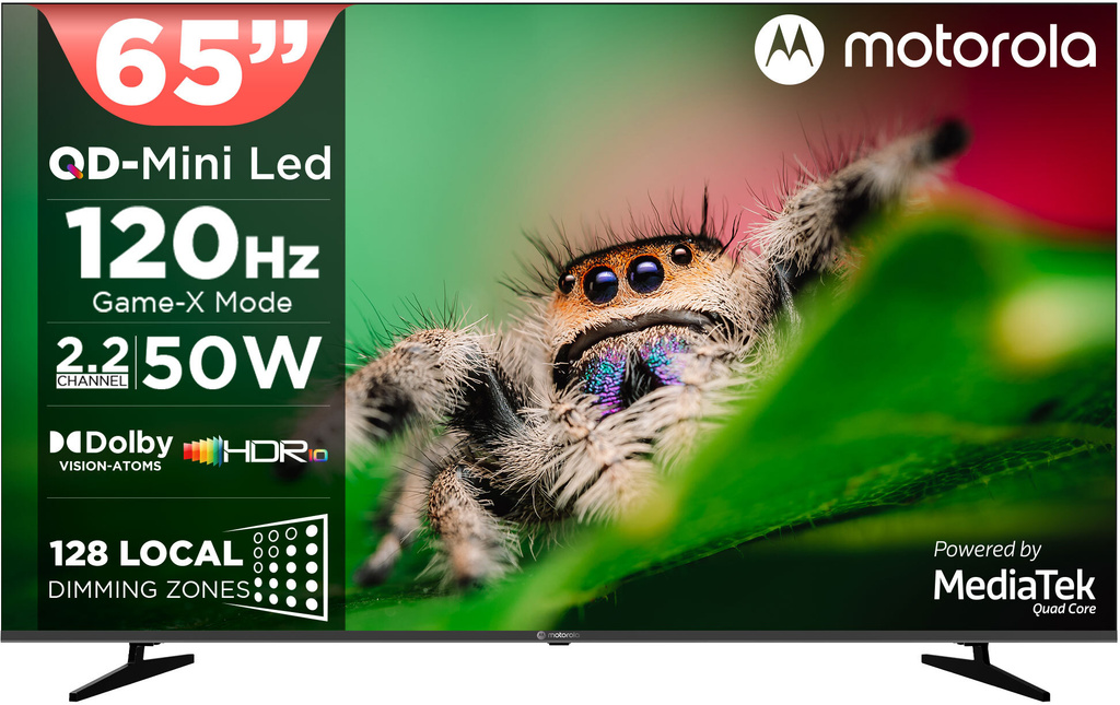MOTOROLA 165 cm (65 inch) Ultra HD (4K) Mini LED Smart Google TV 2026 Edition with QD Mini LED, 128 Local Dimming Zones / LEDs, 2.2 Channel Audio System AIPQ , Mediatek Processor, 120Hz refresh rate, Dolby Vision-Atmos, HDR10