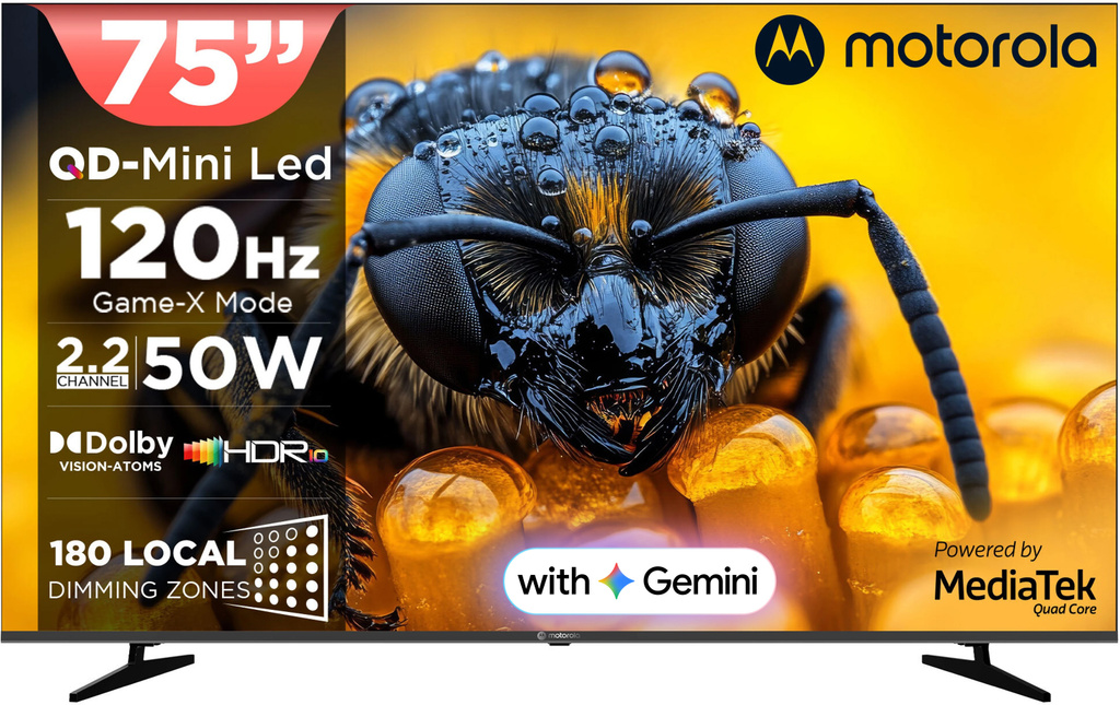 MOTOROLA 190 cm (75 inch) Ultra HD (4K) Mini LED Smart Google TV 2026 Edition with QD Mini LED, 180 Local Dimming Zones / LEDs, 2.2 Channel Audio System AIPQ, Mediatek Processor, 120Hz refresh rate, Dolby Vision-Atmos, HDR10
