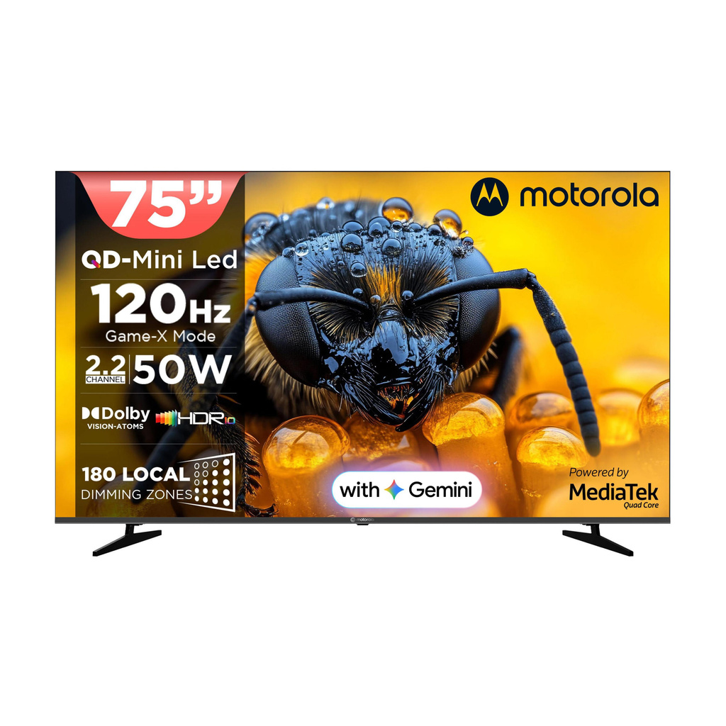 MOTOROLA 190 cm (75 inch) Ultra HD (4K) Mini LED Smart Google TV 2026 Edition with QD Mini LED, 180 Local Dimming Zones / LEDs, 2.2 Channel Audio System AIPQ, Mediatek Processor, 120Hz refresh rate, Dolby Vision-Atmos, HDR10