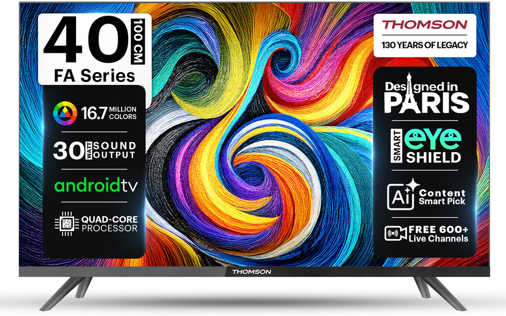 Thomson FA Series 100 cm (40 inch) Full HD LED Smart Android TV with 2 Speakers, 30 Watts Sound Output , Quad-Core Processor , Smart Shield Eye, Free 600+ Live Channels , Bezel-Less Display