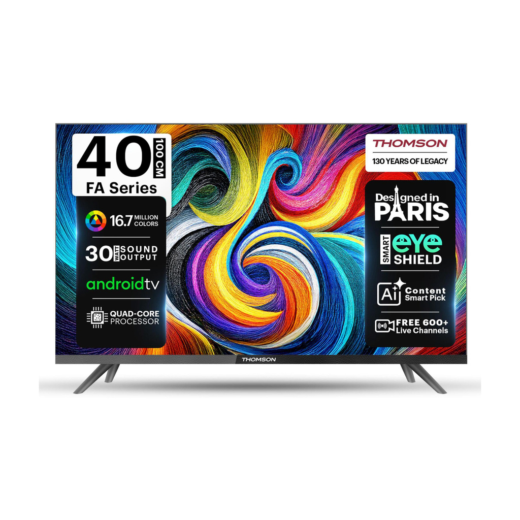 Thomson FA Series 100 cm (40 inch) Full HD LED Smart Android TV with 2 Speakers, 30 Watts Sound Output , Quad-Core Processor , Smart Shield Eye, Free 600+ Live Channels , Bezel-Less Display