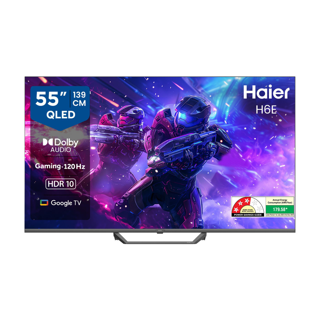 Haier H6E 139 cm (55 inch) QLED Ultra HD (4K) Smart Google TV with HDR10| Auto Low Latency Mode (ALLM)| HDMI 2.1| Voice Control with Google TV ("Ok| Google")| Metallic Bezel-less Design.