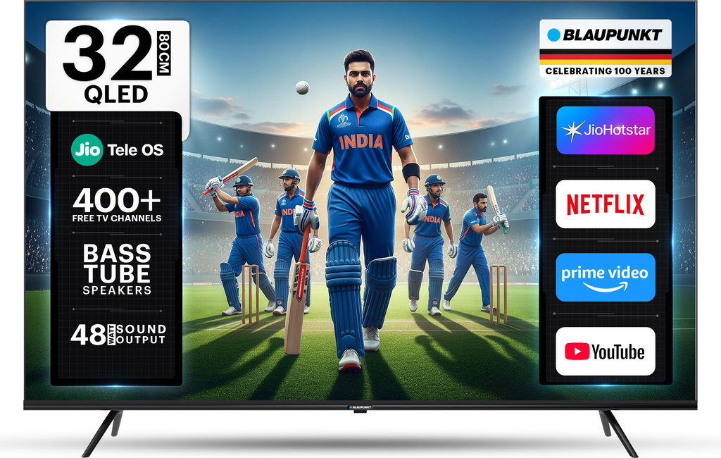 Blaupunkt 80 cm (32 inch) QLED HD Ready Smart JioTele OS TV 2026 Edition with 48W Sound Output 2 Speaker 350 Nits Brightness 400+ free live TV channels 300+ JioGames Web Browser Sports Mode Bezel Less Design