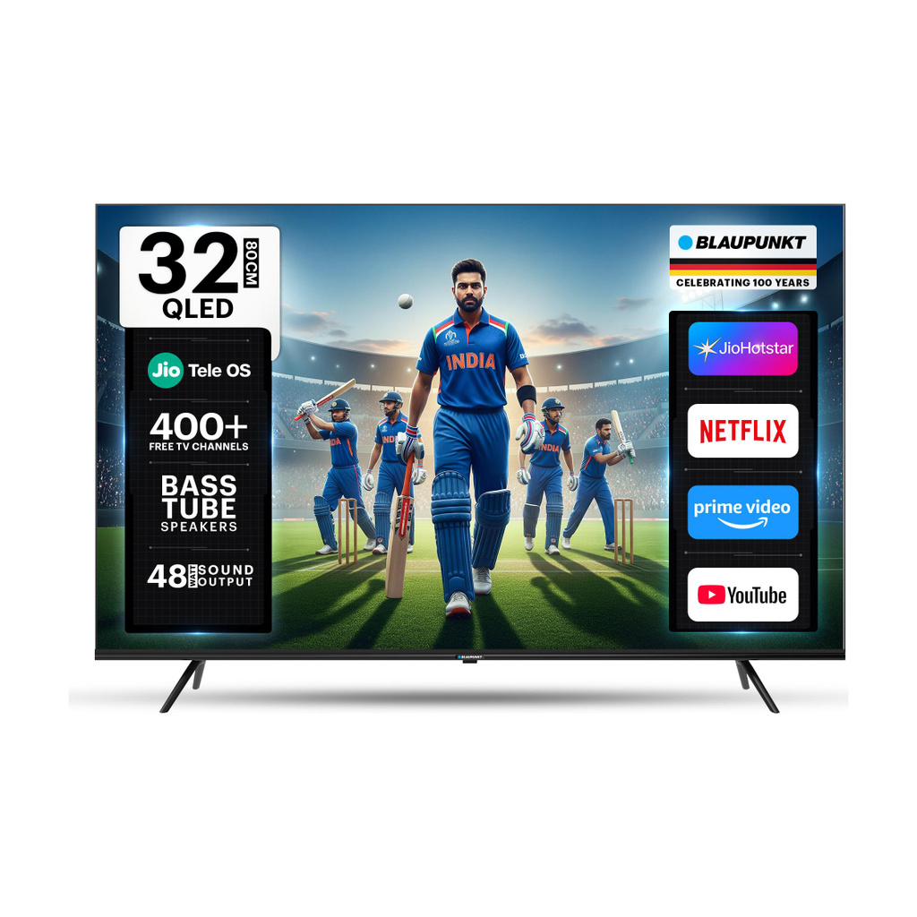 Blaupunkt 80 cm (32 inch) QLED HD Ready Smart JioTele OS TV 2026 Edition with 48W Sound Output 2 Speaker 350 Nits Brightness 400+ free live TV channels 300+ JioGames Web Browser Sports Mode Bezel Less Design