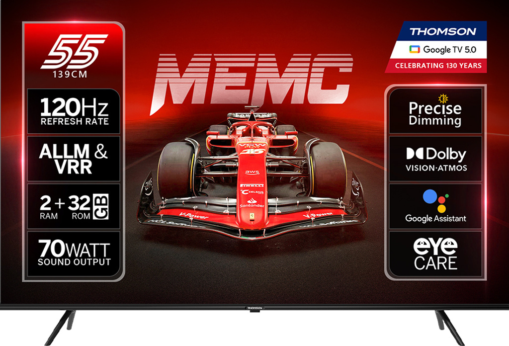 Thomson NeoX 139 cm (55 inch) QLED Ultra HD (4K) Smart Google TV with MEMC Dolby Vision - Atmos 70W Sound Output powered by Blaupunkt 4 Speaker 32 GB Storage 550 Nits Brightness Precise Dimming HDR10+ 120 Hz Refresh Rate HLG ALLM & VRR Eyecare Technology Google Assistant Bezel Less Design
