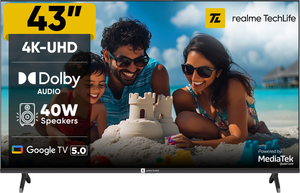 realme techlife 109 cm 43 inch ultra hd 4k led smart google tv 5 0 dolby audio 40 w downfiring speaker