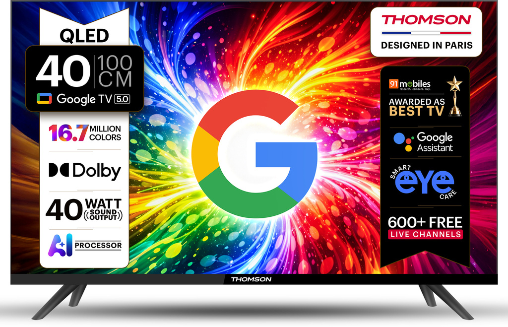 Thomson 100 cm (40 inch) QLED Full HD Smart Google TV 2026 Edition with Google Voice Assistant Remote Control 40 Watt Sound Output Dolby Sound 600+ Free Live Channels Digital Tuner Eye Care Technology 10000+ Apps & Games Bezel Less Design Chromecast
