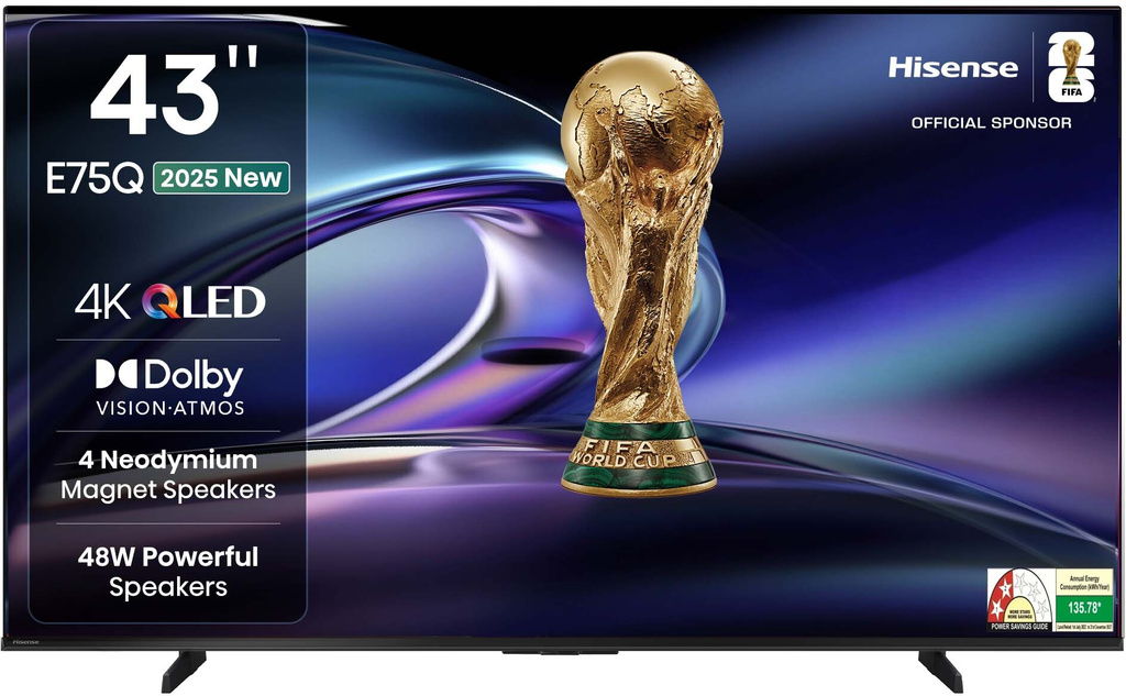 Hisense 43E75Q 107.8 cm (43 inch) QLED Ultra HD (4K) Smart VIDAA TV with 4 Speakers 48W Powerful Speakers| Dolby Vision Atmos| Cricket Mode