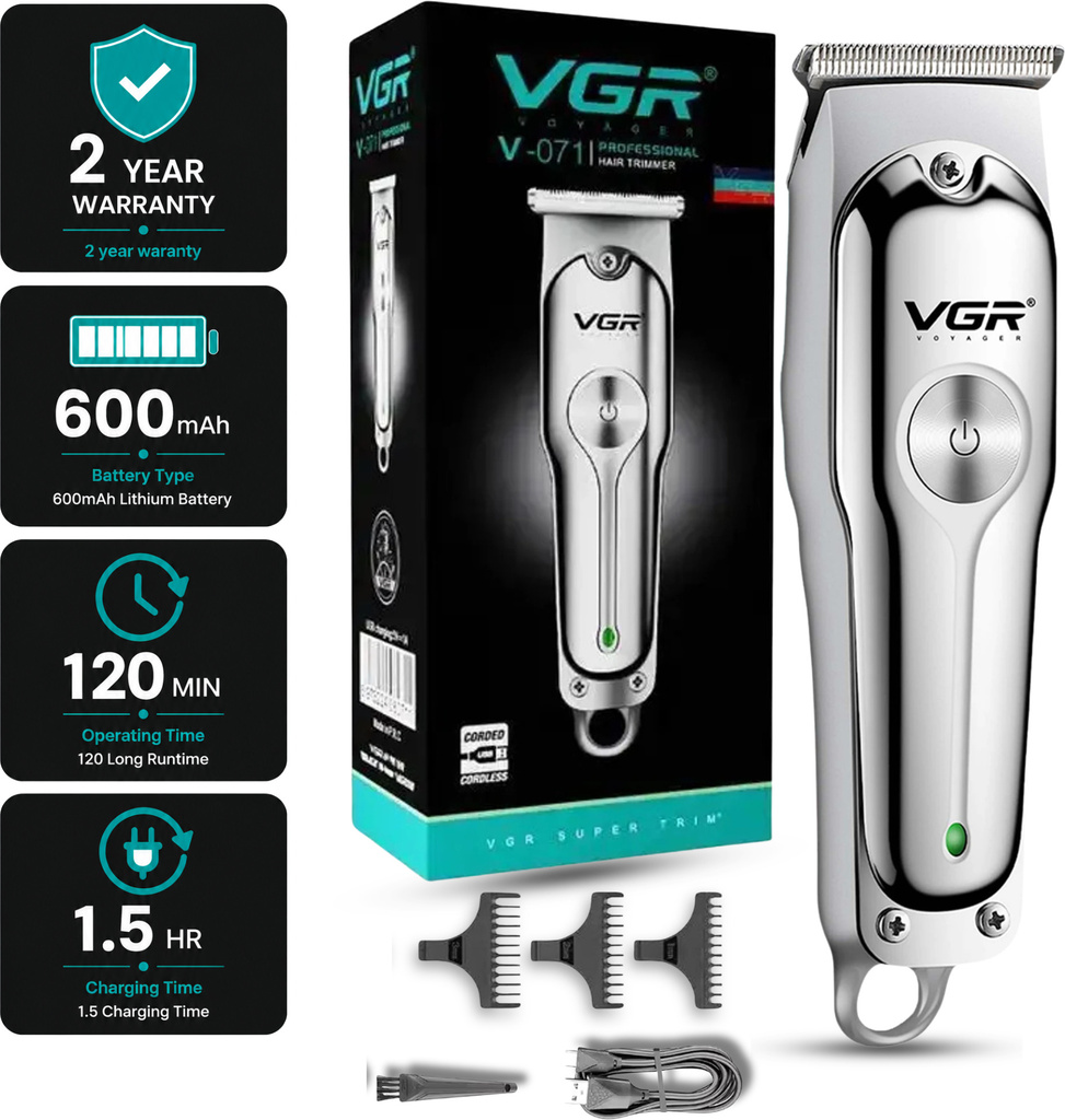 VGR V-071 Professional Rechargeable Hair Clipper. Body Groomer 120 min  Runtime 4 Length Settings
