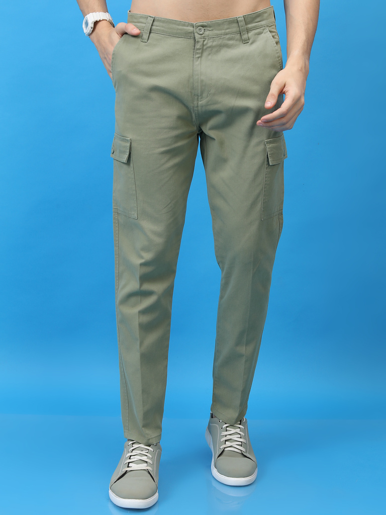 Men Regular Fit Green Pure Cotton Trousers