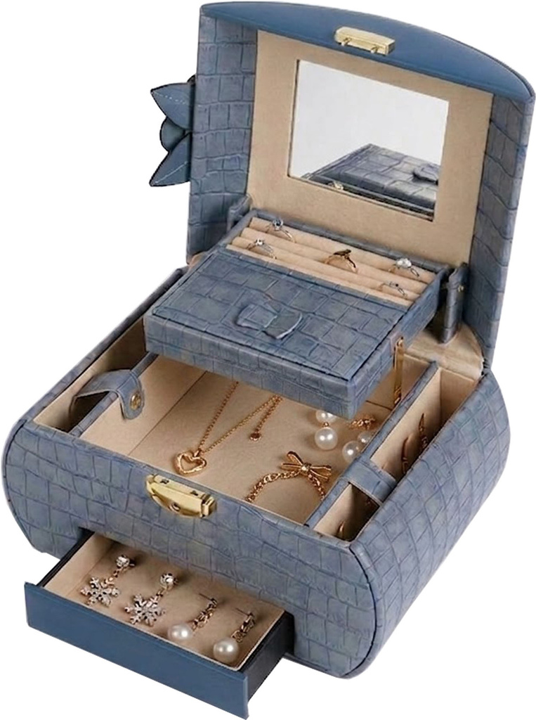 FlyKonix Premium Multi-Layer Jewelry Storage Box with Mirror & Lock | Portable Organizer Case for Rings, Earrings, Necklaces, Bracelets & Accessories Vanity Box