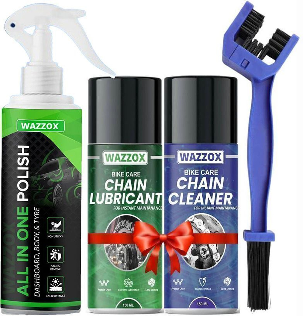 WAZZOX Combo Of Chain Lubricant + Chain Cleaner + Bike & Car Polish With Cleaning Brush Cleans | Shines & Protects Chain | Car Dashboard Interior & Exterior Cleaning | Chain Oil