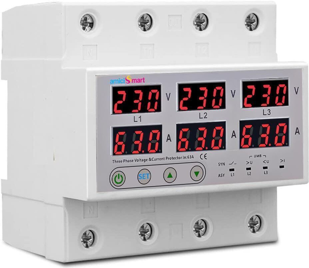 amiciSmart 3-Phase Automatic Over/Under Voltage Protector with Auto-Reconnect Din-Rail Mount 63A 220V Voltage Guard