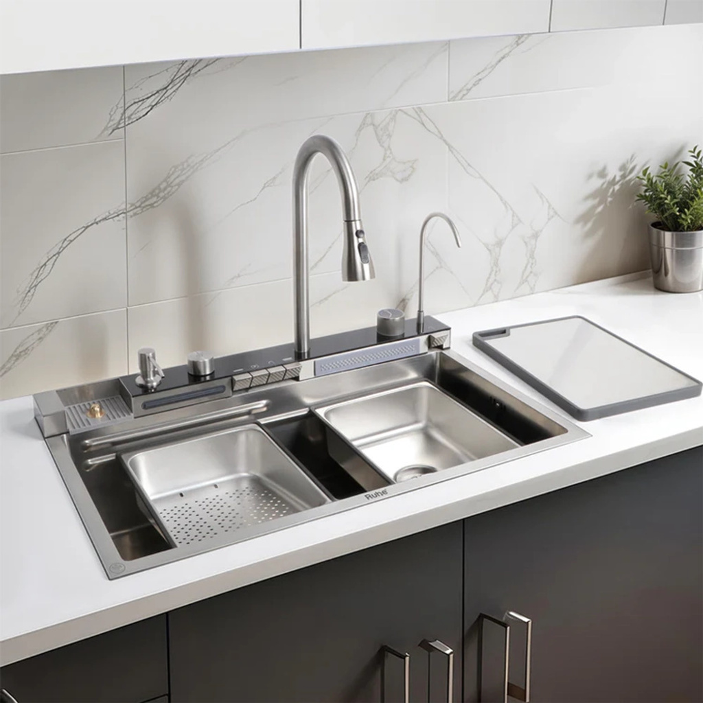 RUHE Piano Silver Kitchen Sink Integrated Waterfall Single Bowl with Digital Display , Pull-Out Faucet and RO Tap| 30x18x9 inches | 304-Grade Stainless Steel Vessel Sink
