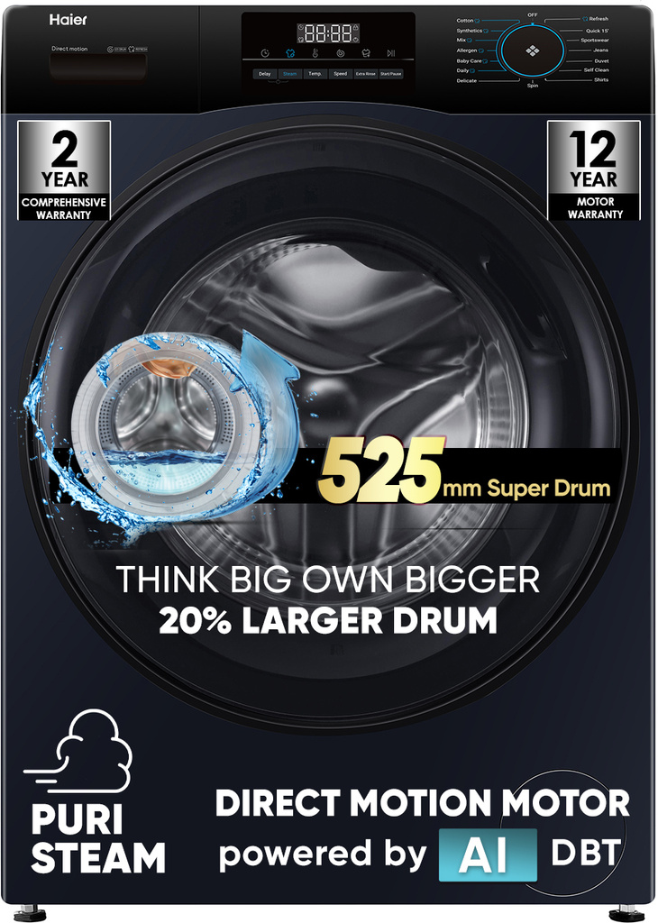 Haier 9 kg 5 Star with Powered by AI-DBT, PuriSteam, 525 mm Super Drum, Inbuilt Heater, AI DBT Washer Fully Automatic Front Load Washing Machine Black, Blue