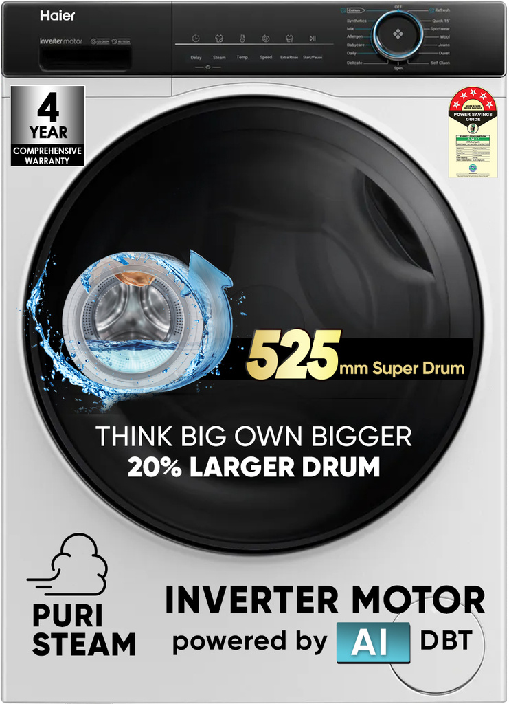 Haier 8 kg 聽5 Star with Powered by AI-DBT, PuriSteam, 525 mm Super Drum, Inverter Motor, Inbuilt Heater, Washer Fully Automatic Front Load Washing Machine Black, White