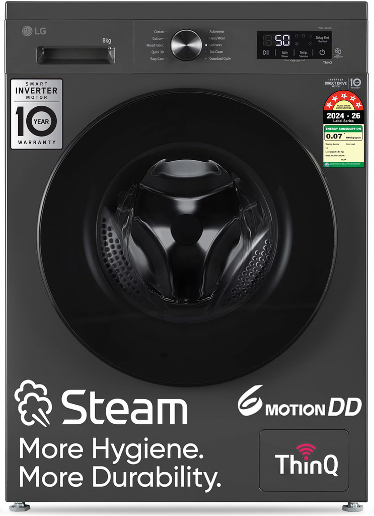 LG 8 kg 5 Star, Inverter Direct Drive Technology, Wi-Fi Enabled, 6 Motion DD, Steam Fully Automatic Front Load Washing Machine with In-built Heater Grey, Black