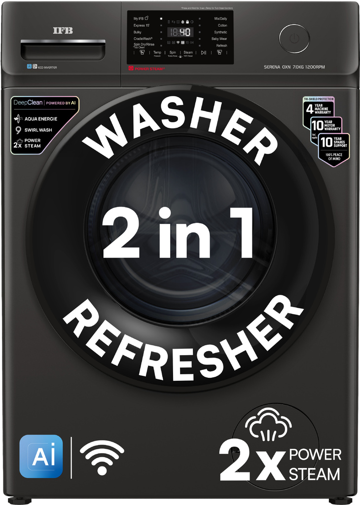 ifb 7 kg 5 star steam refresh program 9 swirl wash eco inverter powered ai wifi fully automatic front load washing machine in built heater black