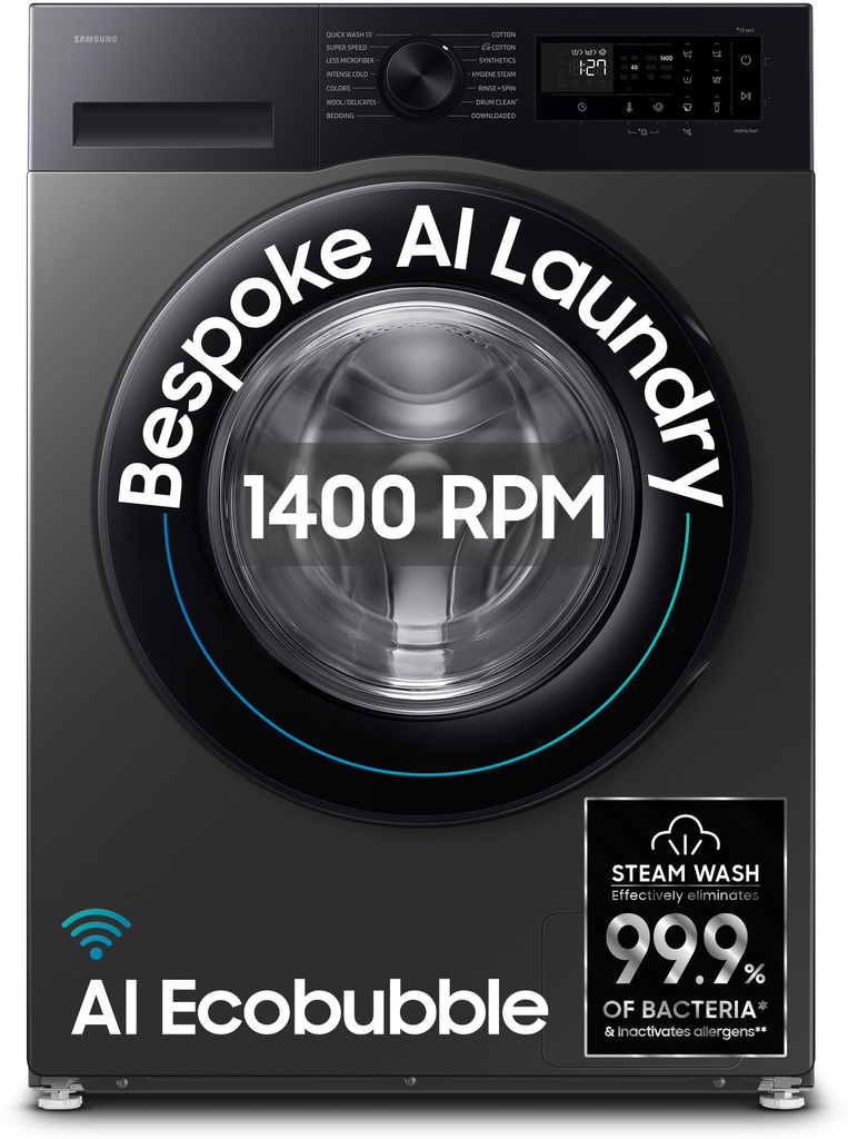 Samsung 12 kg 5 Star, AI Ecobubble, Super Speed, Wi-Fi, Hygiene Steam, Digital Inverter Motor Fully Automatic Front Load Washing Machine with In-built Heater Black, Grey
