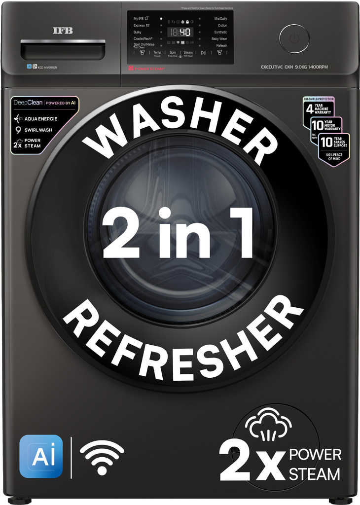 IFB 9 kg 5 Star with Steam Refresh program, 9 Swirl Wash, Eco Inverter, Touch Panel with AI Fully Automatic Front Load Washing Machine with In-built Heater Black