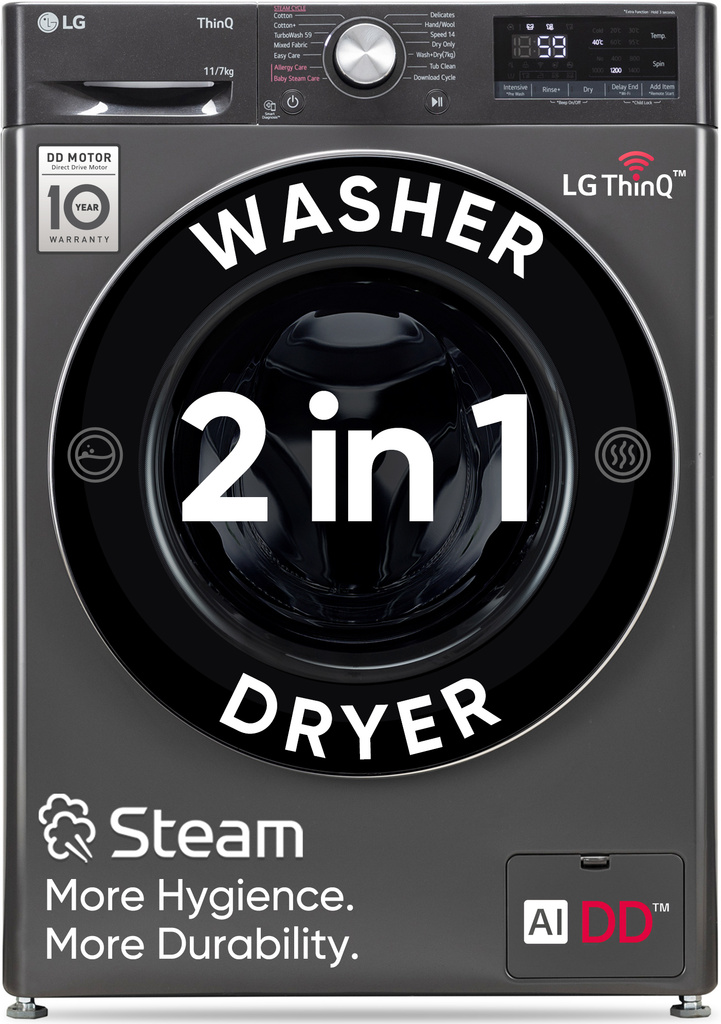 LG 11/7 kg Washer with Dryer AI Direct Drive Technology, Wi-Fi Enabled , Reduce germs & allergens with steam cycles, TurboWash Ready to Wear Clothes, Optimal wash for different fabrics & In-built Heater with In-built Heater Black