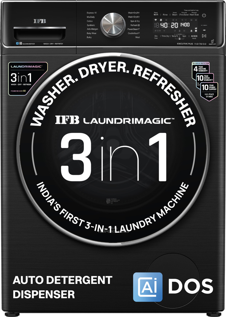 IFB 11/7 kg Washer with Dryer AI DOS - Auto Detergent Dispensing, Oxyjet Technology, 30 min Steam Refresh Program, 100% Dry Ready-to-Wear Clothes, Eco Inverter Motor, 9 Swirl Wash Mimic Handwashing, Fully Automatic with Hot Water Wash, WiFi Connectivity with In-built Heater Black